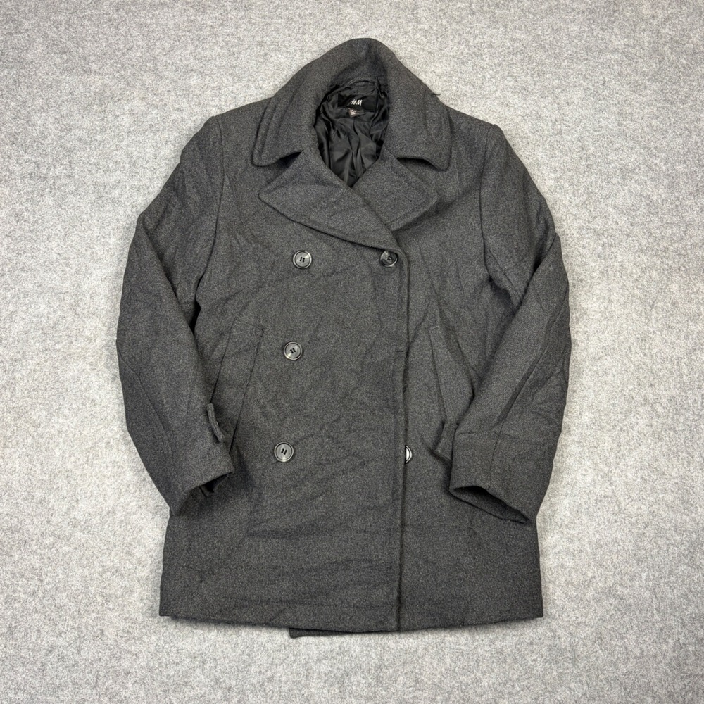 HM Mens Pea Coat Charcoal Grey Double Breasted Wool Blend Jacket Size 34R